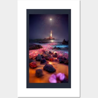 Mystical lighthouse in a glow beach pointing at Polaris Posters and Art